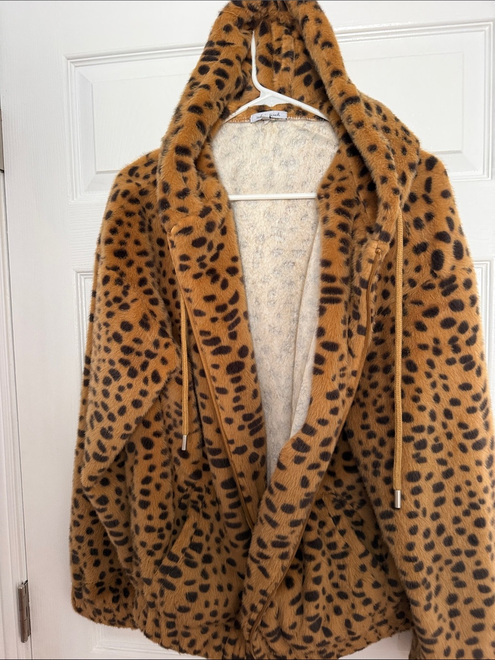 white birch Leopard-Print Teddy Hooded Jacket in Tan and Black